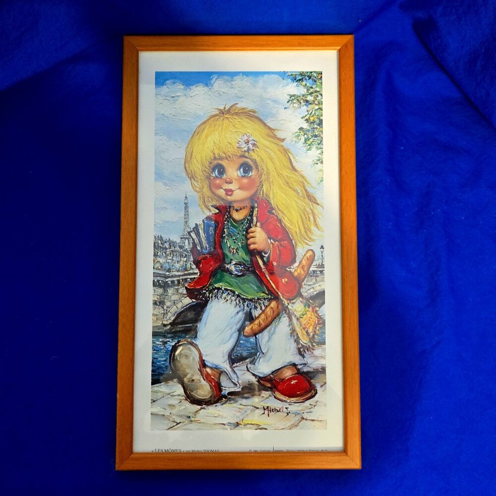 Michel Thomas Framed Big Eye Girl with French Loaf 1980 Editions Made in France